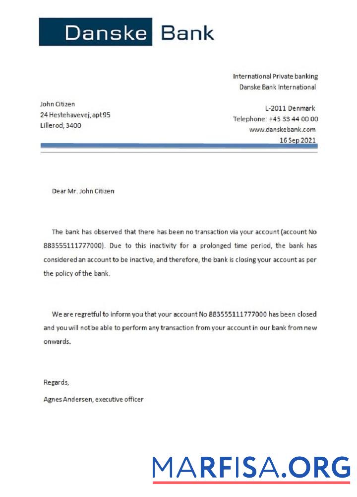 Blank Denmark Danskebank closure reference sample